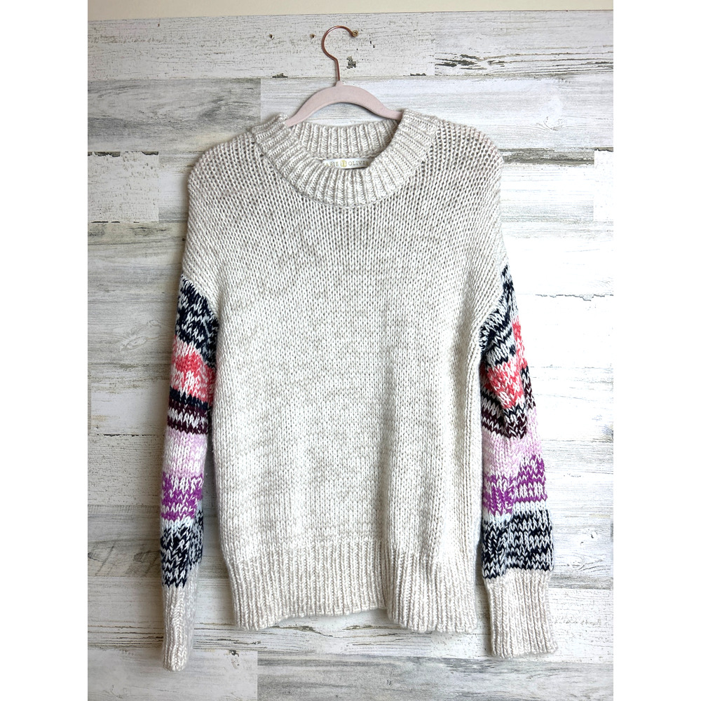 Marie Oliver Womens L Gray Beige Angora Cashmere Blend Knit Crew Neck Sweater